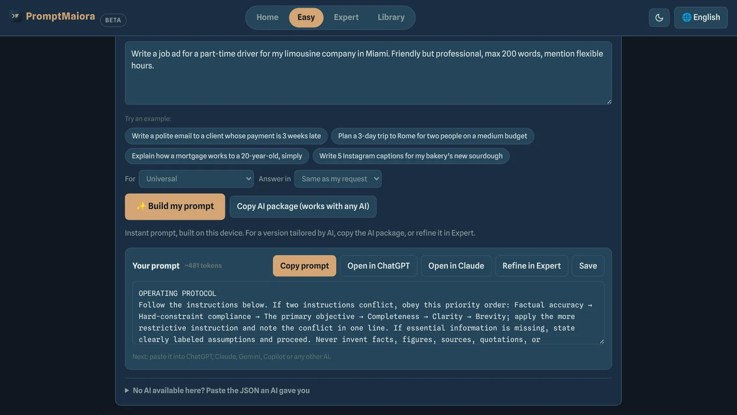 Prompt Builder in Easy mode: one sentence in, a complete prompt out