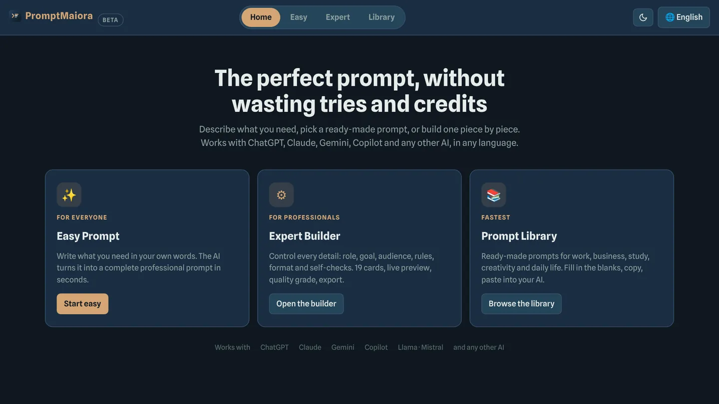 PromptMaiora home screen with its three modes: Easy, Expert and Library