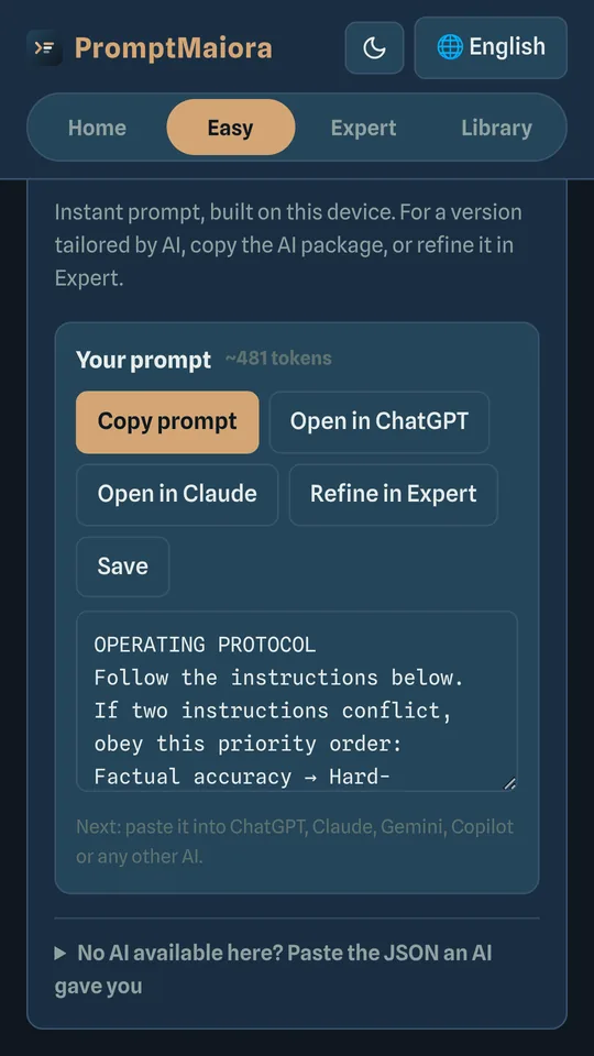 Easy mode: a complete prompt built from one sentence