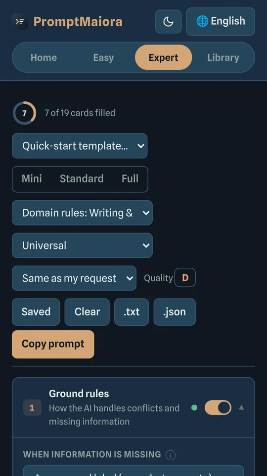 Expert mode with quick-start templates and quality grade