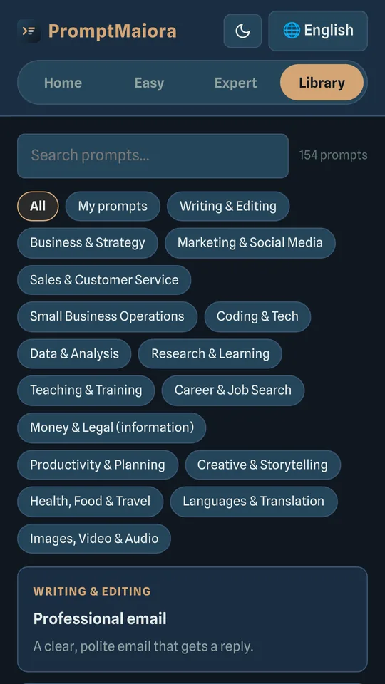 The Library of 154 ready-made prompts, sorted by category